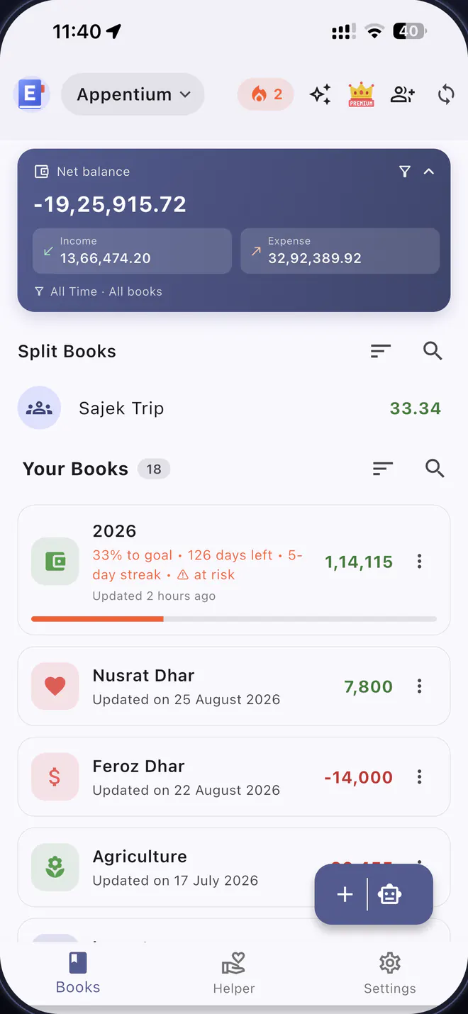 The Expenseum books screen on iPhone, showing a net balance card, a shared split book and a list of personal books with balances and goal progress.