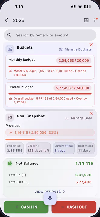 Monthly and overall budget bars in Expenseum, both over their limit, above a goal snapshot with progress and streaks.