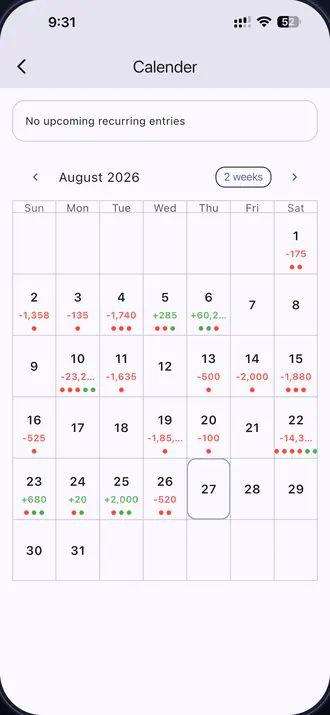 Expenseum's calendar view for August, showing a daily net total and activity dots on each date.