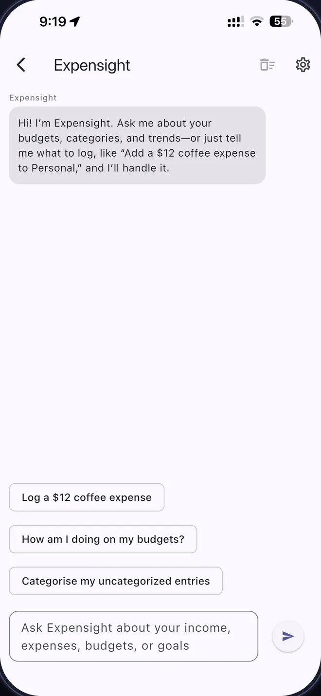 The Expensight AI assistant in Expenseum, offering prompts such as “Log a $12 coffee expense” and “How am I doing on my budgets?”.