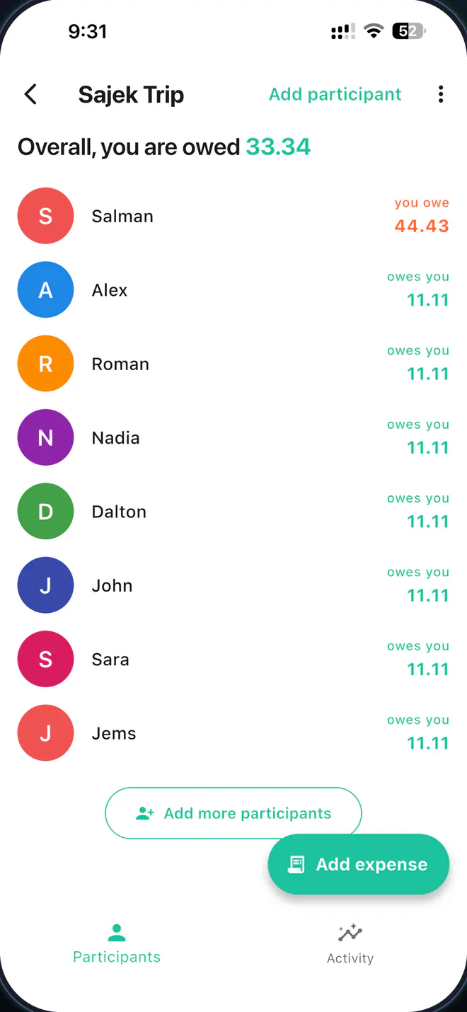 A shared trip book in Expenseum showing running balances for eight participants, with who owes you and who you owe.
